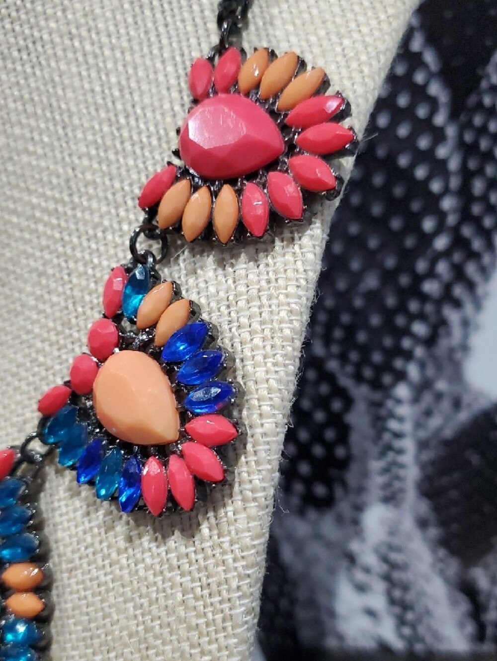Statement Multicolor Gem Bib Necklace - Coral, Peach & Blue Chunky Maximalist - Picture 4 of 7
